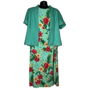 Koret 2pc Floral Shift Dress w/ Embroidered Jacket (Color:Teal/Multi, Size:16)